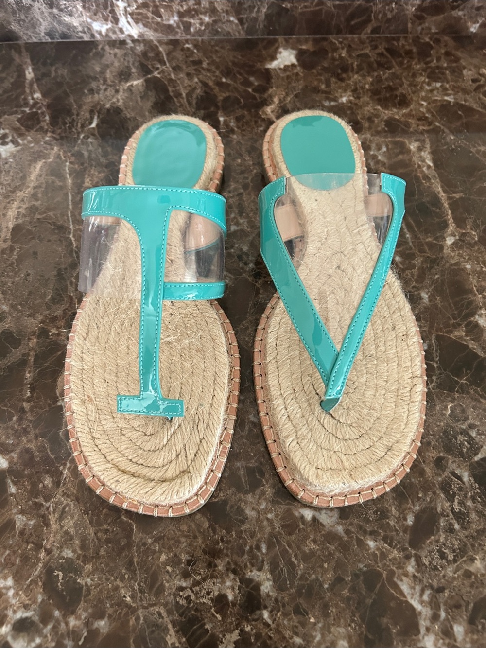 Frances Valentine Hannah Turqois FV Patent Leather Espadrille Thong Sandals